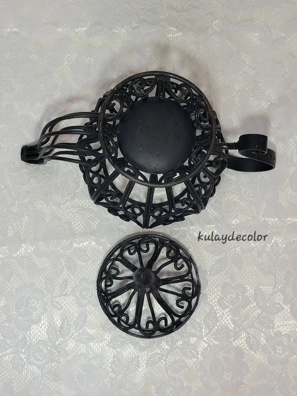 Filigree Style Wrought Iron Teapot Lantern Candle Holder Black Scroll Home Decor